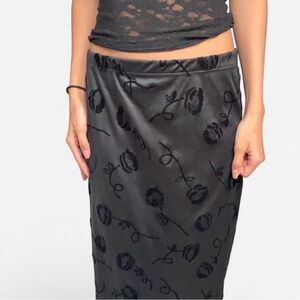Black Satin Floral long Skirt